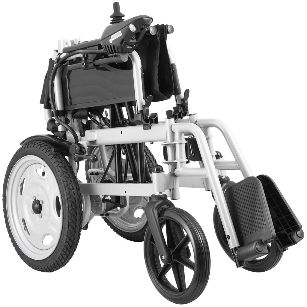 Wheelchair with padded seat, white wheels, and swing-away footrests, rear view