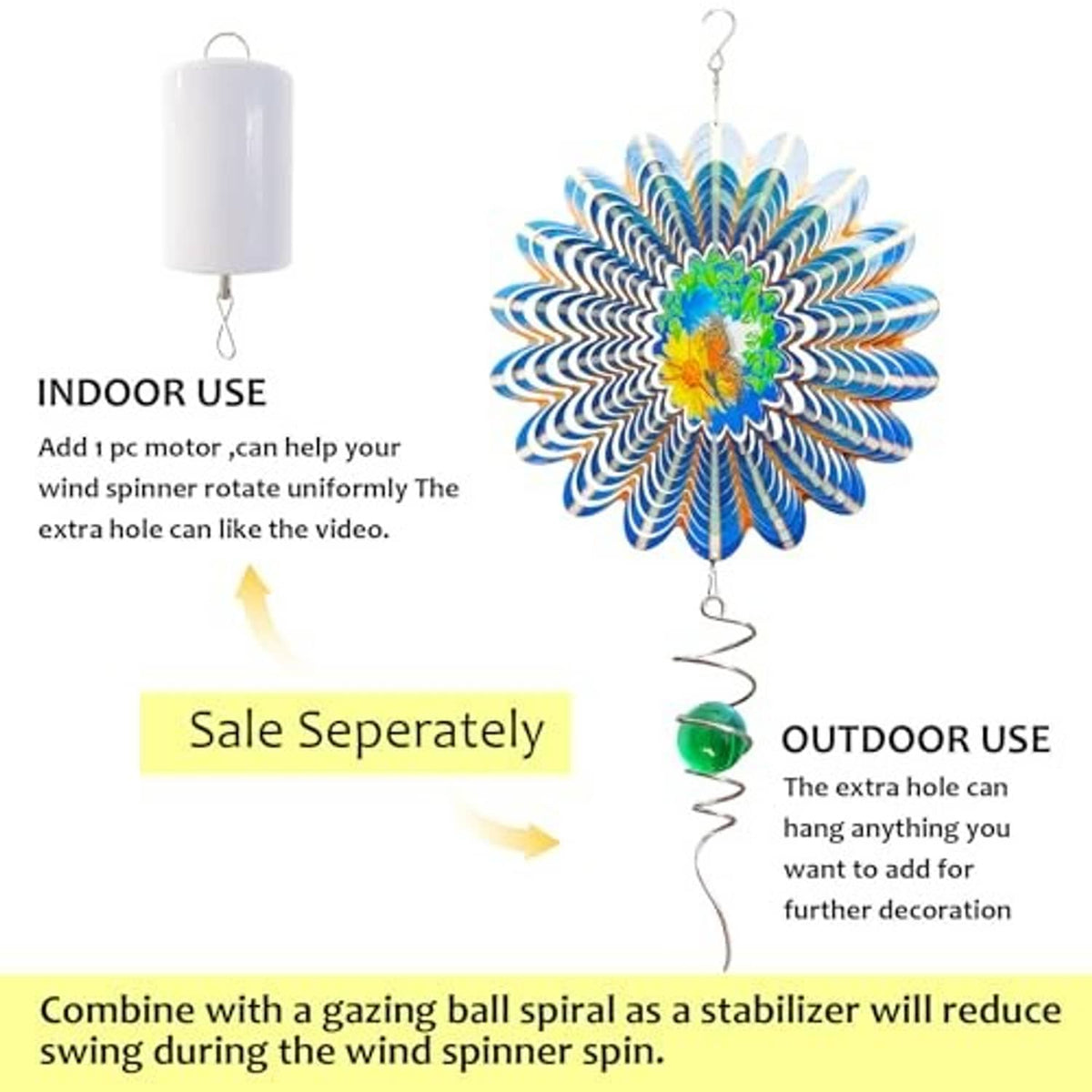 Butterfly wind spinner with extra bottom hole and hanging wire for indoor or outdoor use