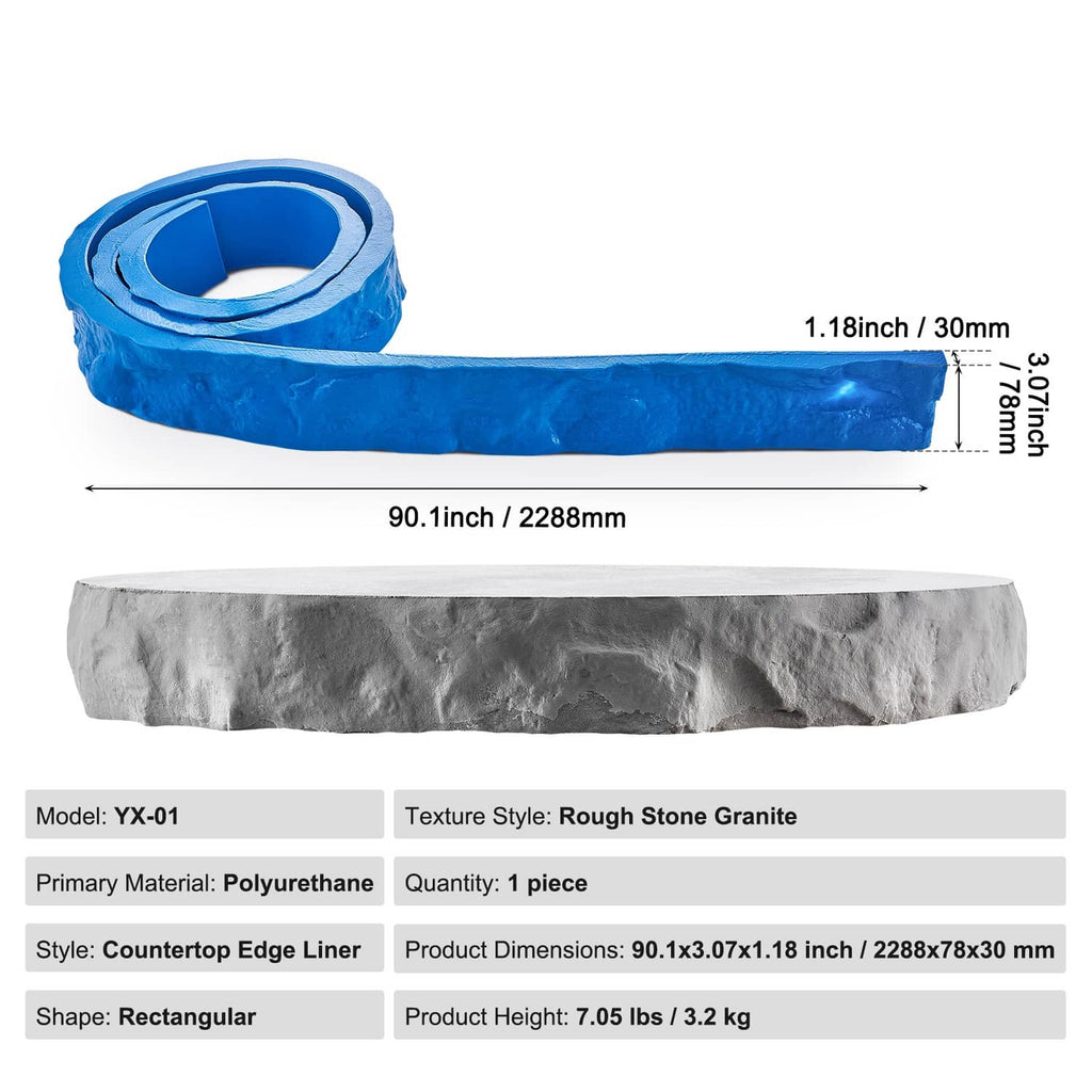 Rectangular polyurethane stamp strip roll with rough stone granite base, size labels shown