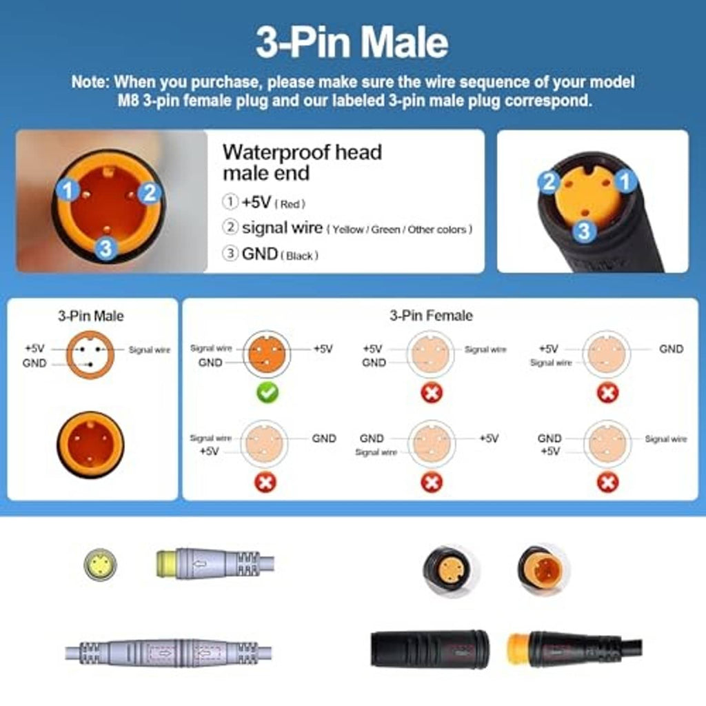 3-pin male to 3-pin female waterproof connector wiring pinout diagram