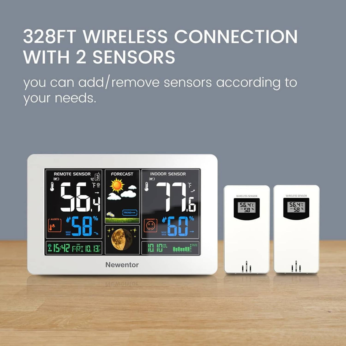 White weather station kit with 2 wireless sensors and indoor/outdoor LCD temperature readouts