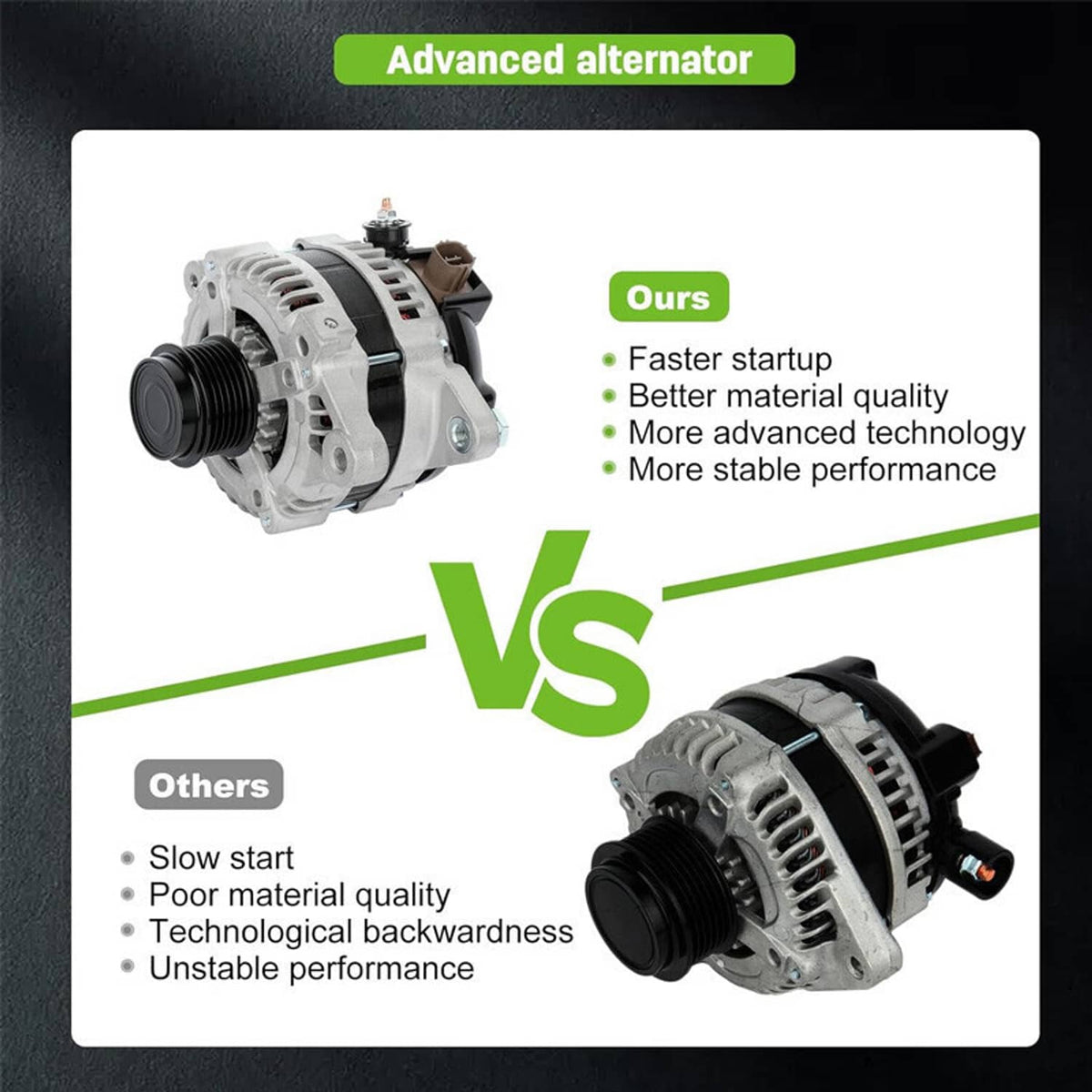 Automotive alternator comparison card; focus on the silver alternator with pulley