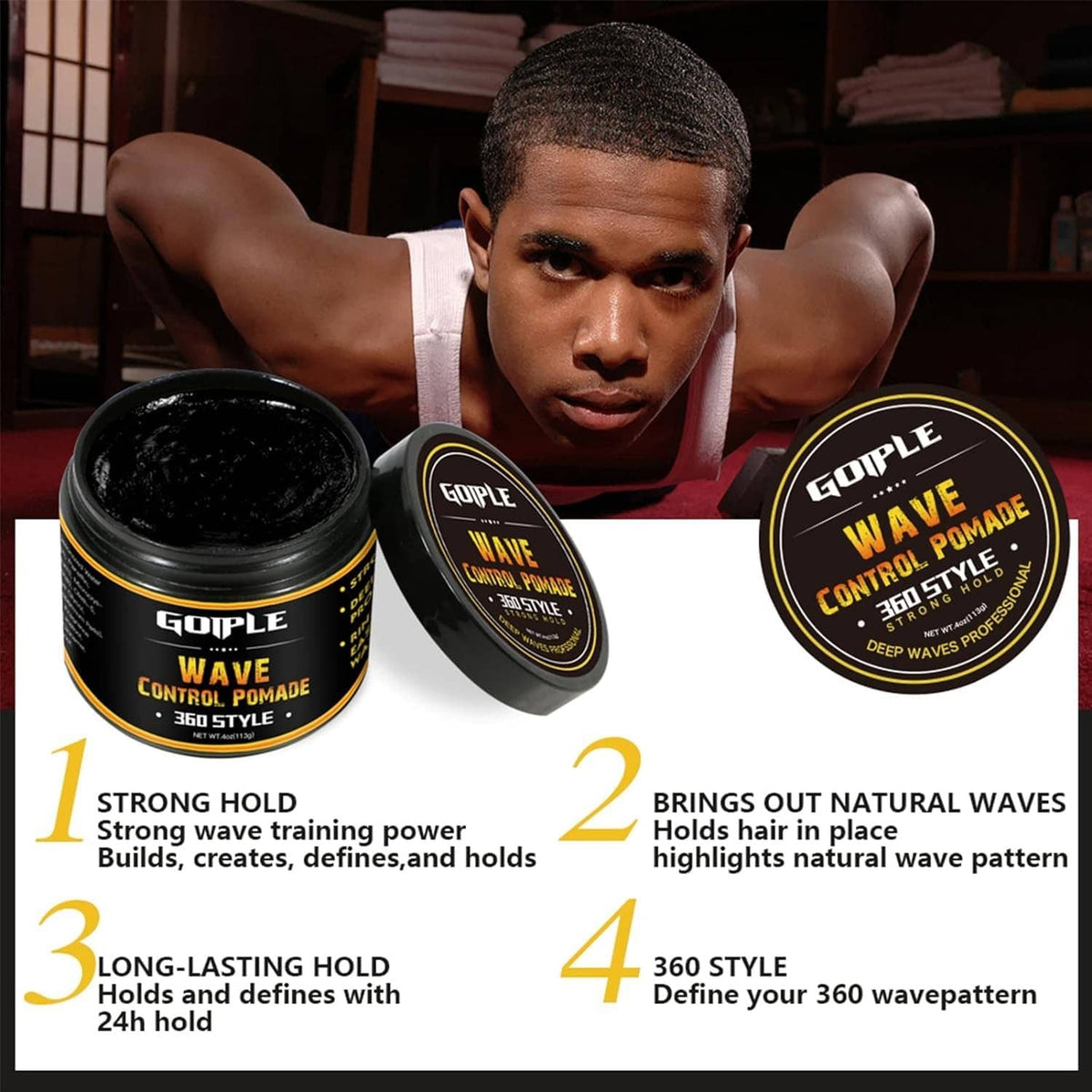 GOIPLE Wave Control Pomade jars, black containers with gold accents shown on white card