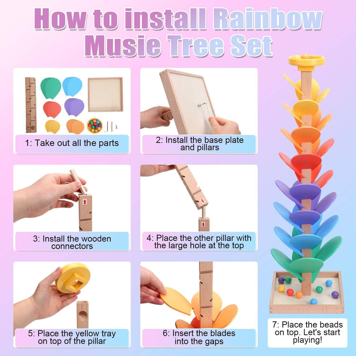 How to install rainbow music tree toy set diagram with step-by-step assembly panels