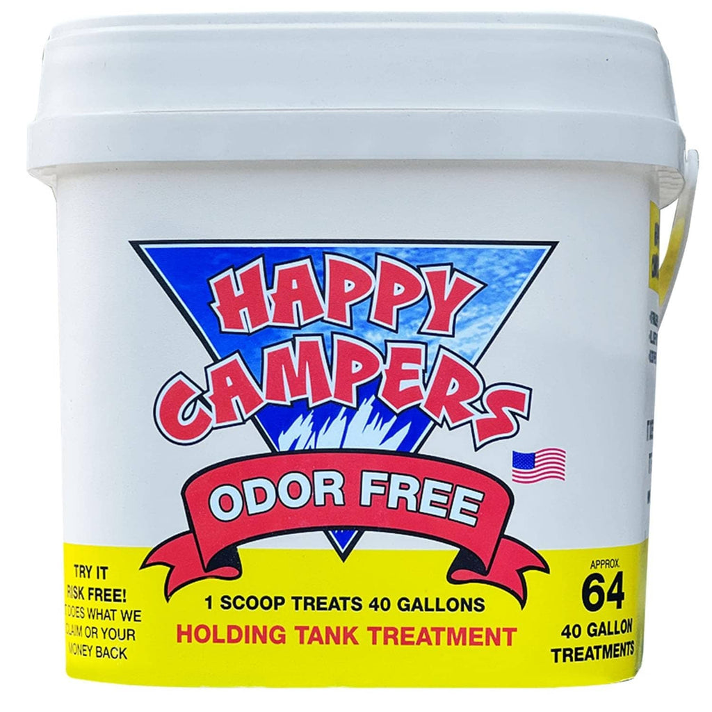 White plastic bucket with Happy Campers Odor Free holding tank treatment label