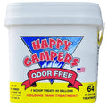 White plastic bucket with Happy Campers Odor Free holding tank treatment label