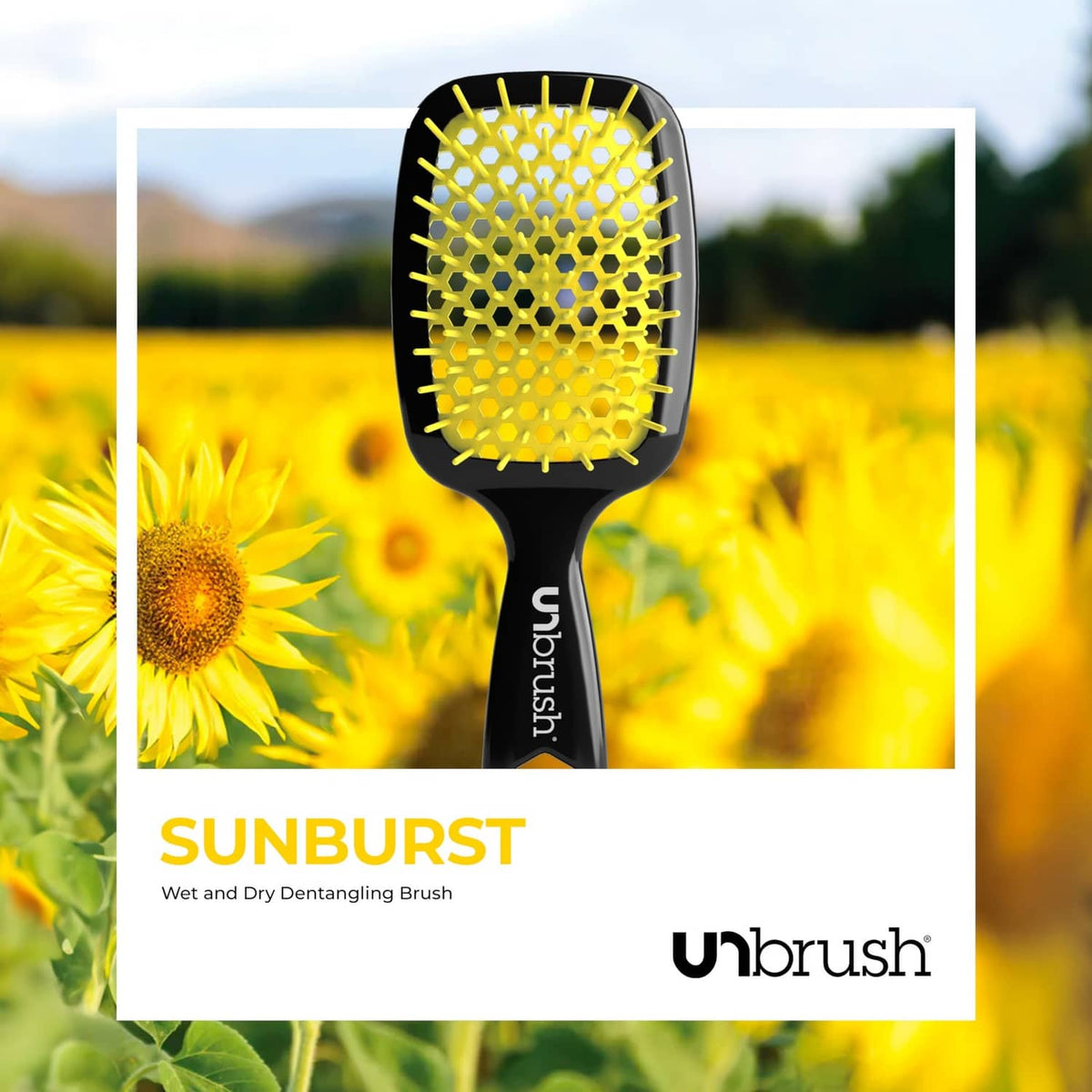 Sunburst wet and dry detangling brush on retail package card with yellow bristles