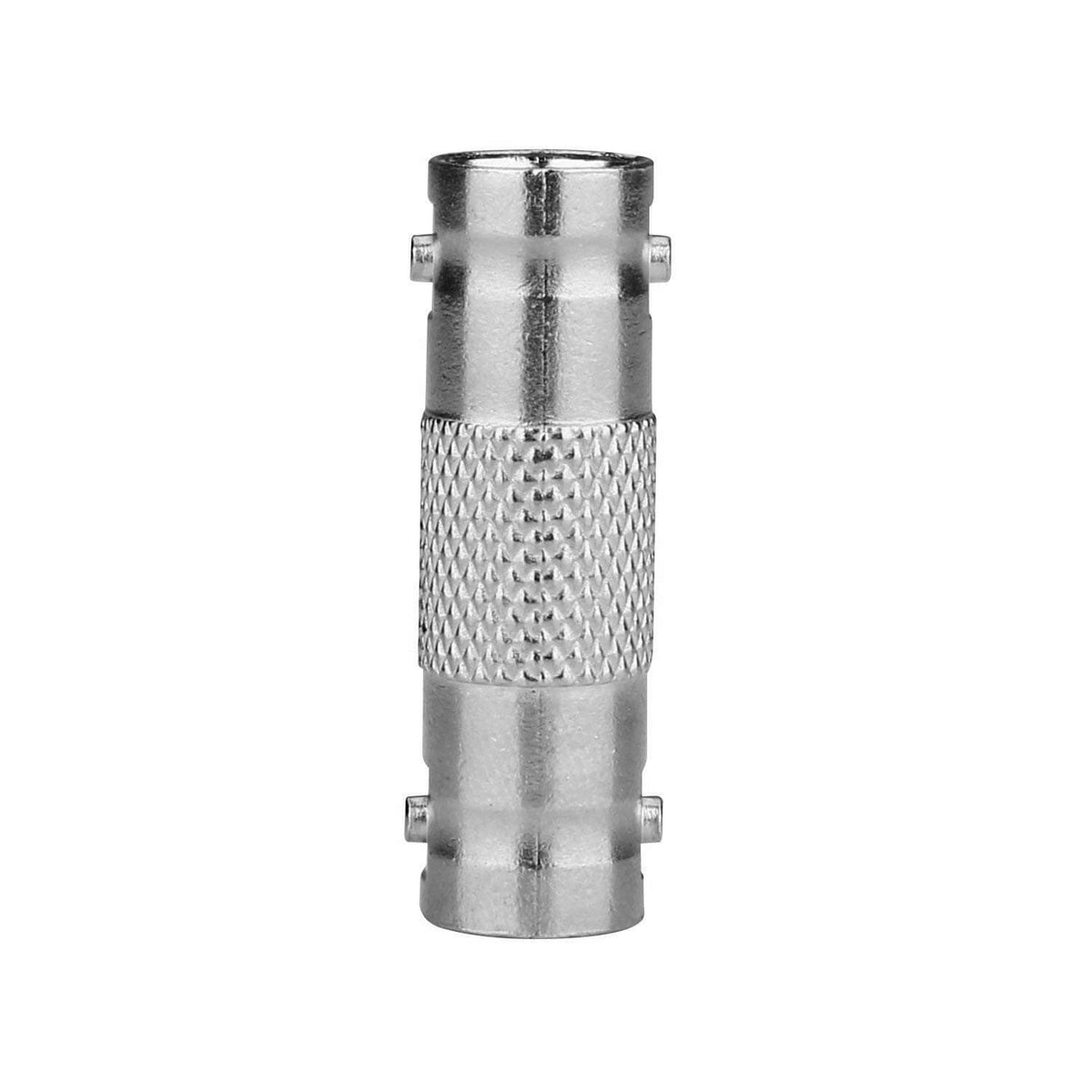 Single BNC barrel female-to-female coax connector, knurled metal body