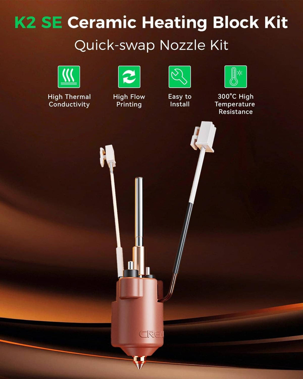 Hotend assembly for Creality K2 SE ceramic heating block kit, with quick-swap nozzle
