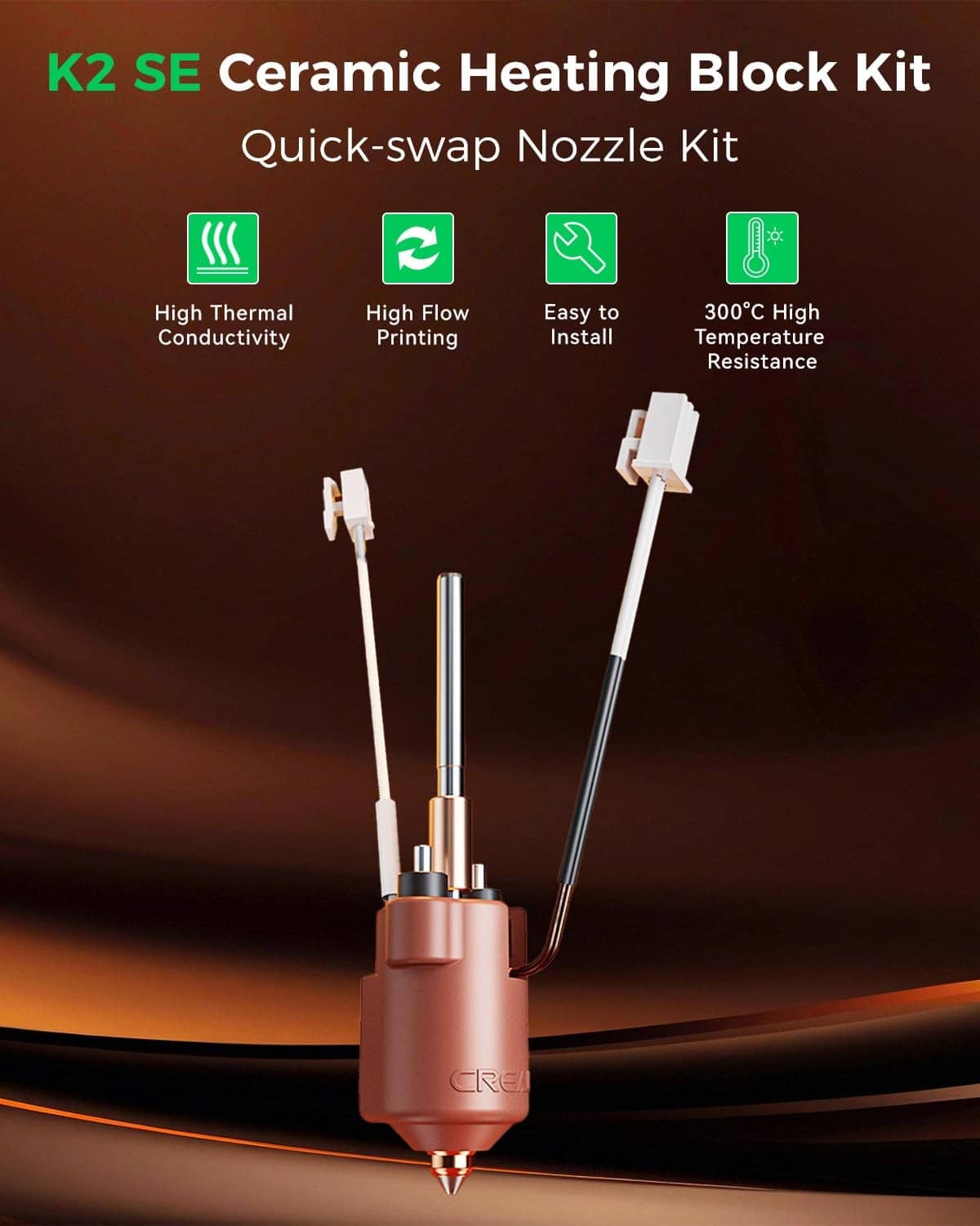 Hotend assembly for Creality K2 SE ceramic heating block kit, with quick-swap nozzle