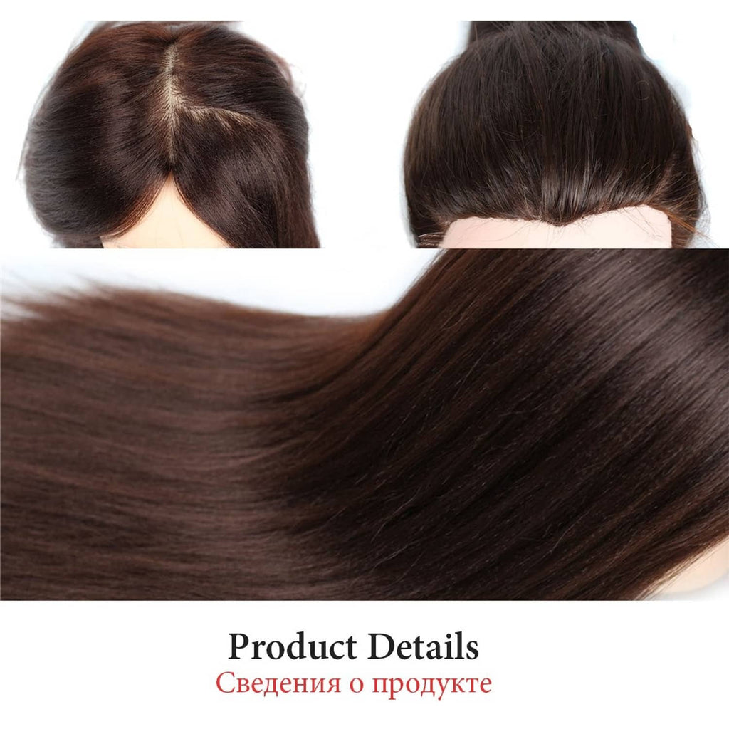 Brown human hair training practice head mannequin, back view and scalp part details