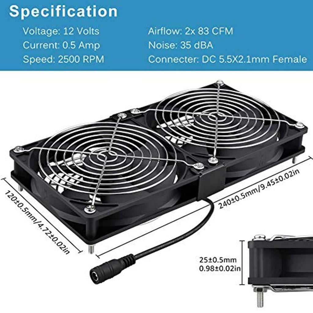Dual 120mm cooling fans with black housing, side mounts, and long DC power cable