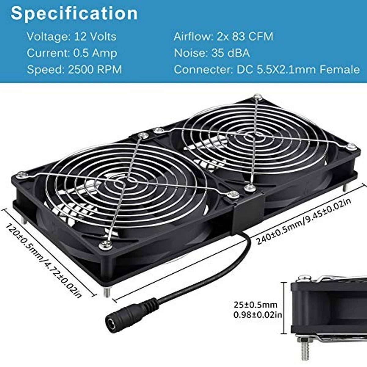 Dual 120mm cooling fans with black housing, side mounts, and long DC power cable