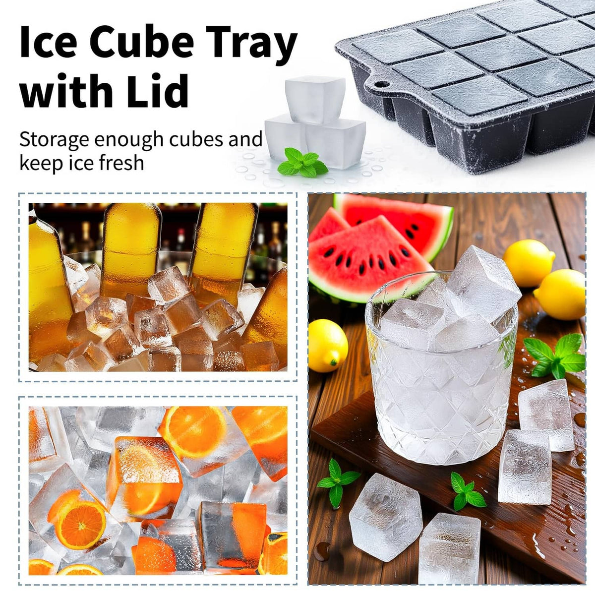Square silicone ice cube tray with lid in dark gray/black, removable ice molds