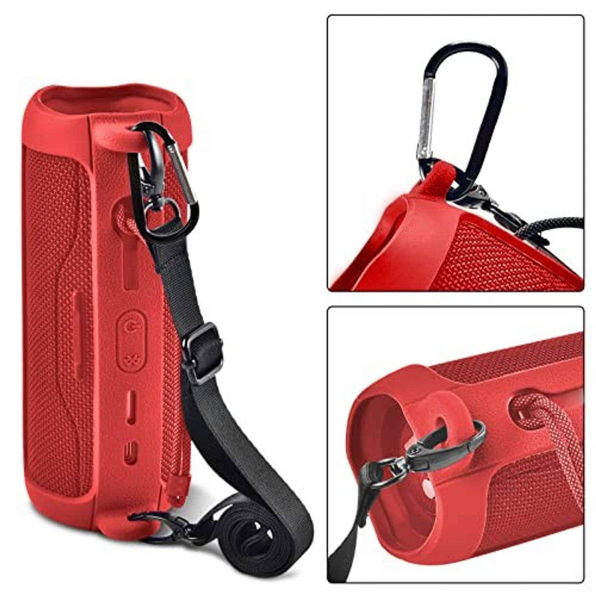 Red silicone speaker case with adjustable shoulder strap and metal carabiner