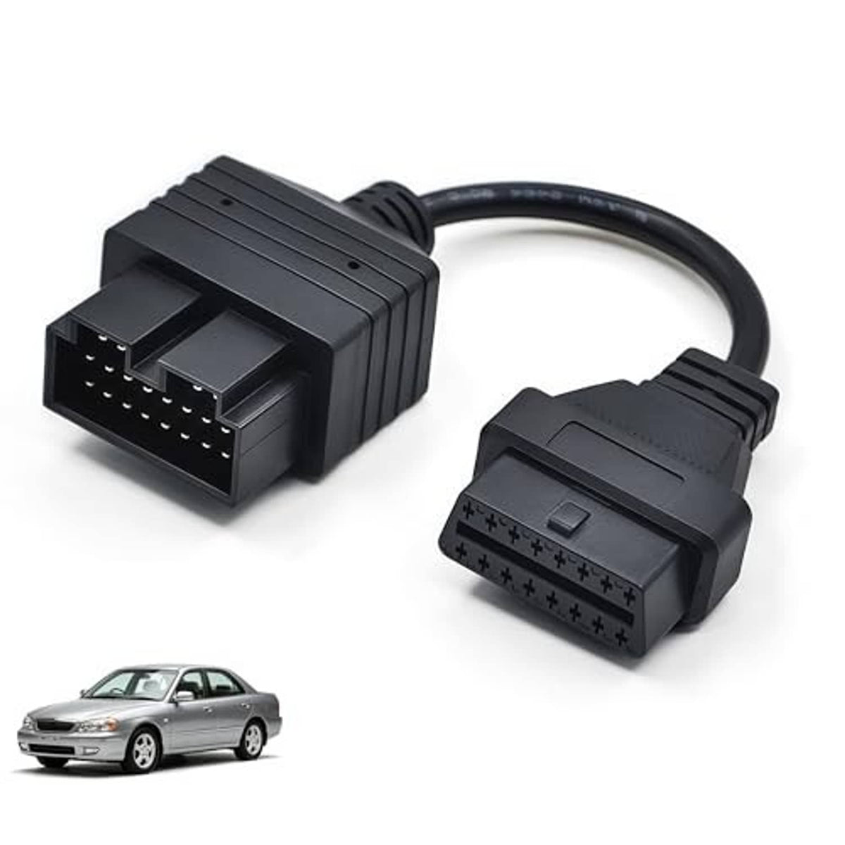 OBD diagnostic adapter cable with black multi-pin plugs on both ends and coiled wire