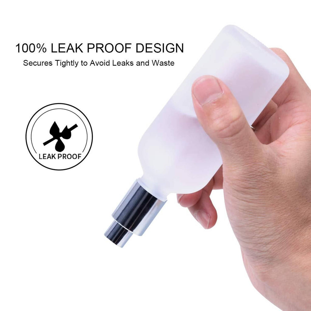 Frosted glass spray bottle with silver pump nozzle and leak-proof design