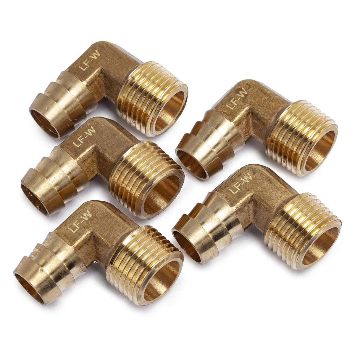 90-degree brass elbow hose barb fitting, multiple pieces with threaded ends