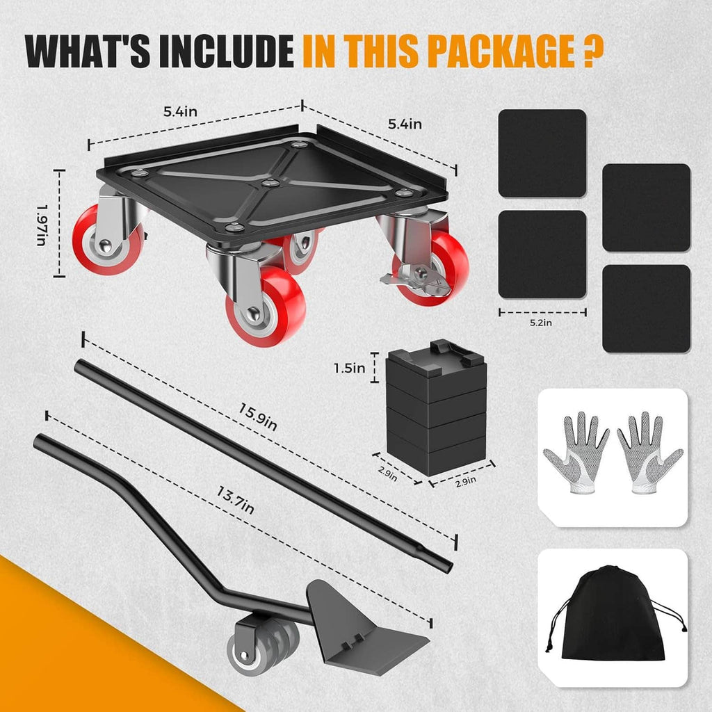 Heavy duty furniture dolly kit with black base, red casters, handle bars, gloves