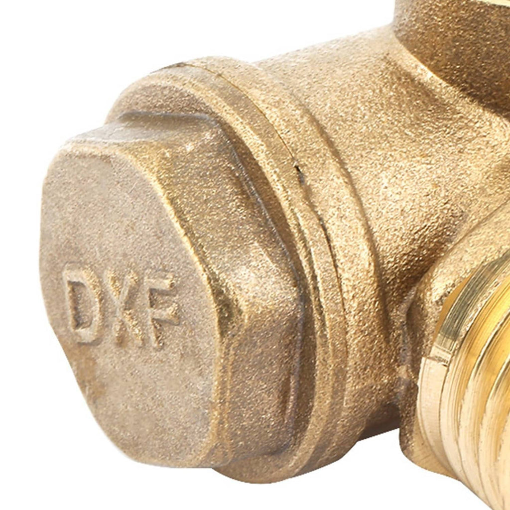 Brass check valve end cap close-up with DR text and male thread