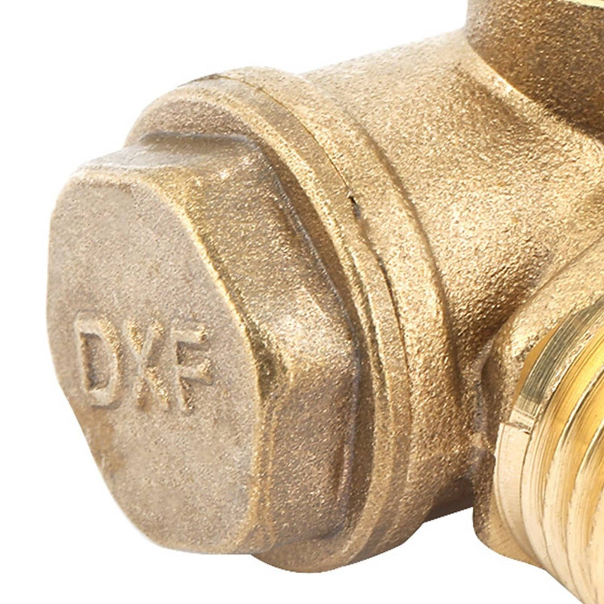 Brass check valve end cap close-up with DR text and male thread