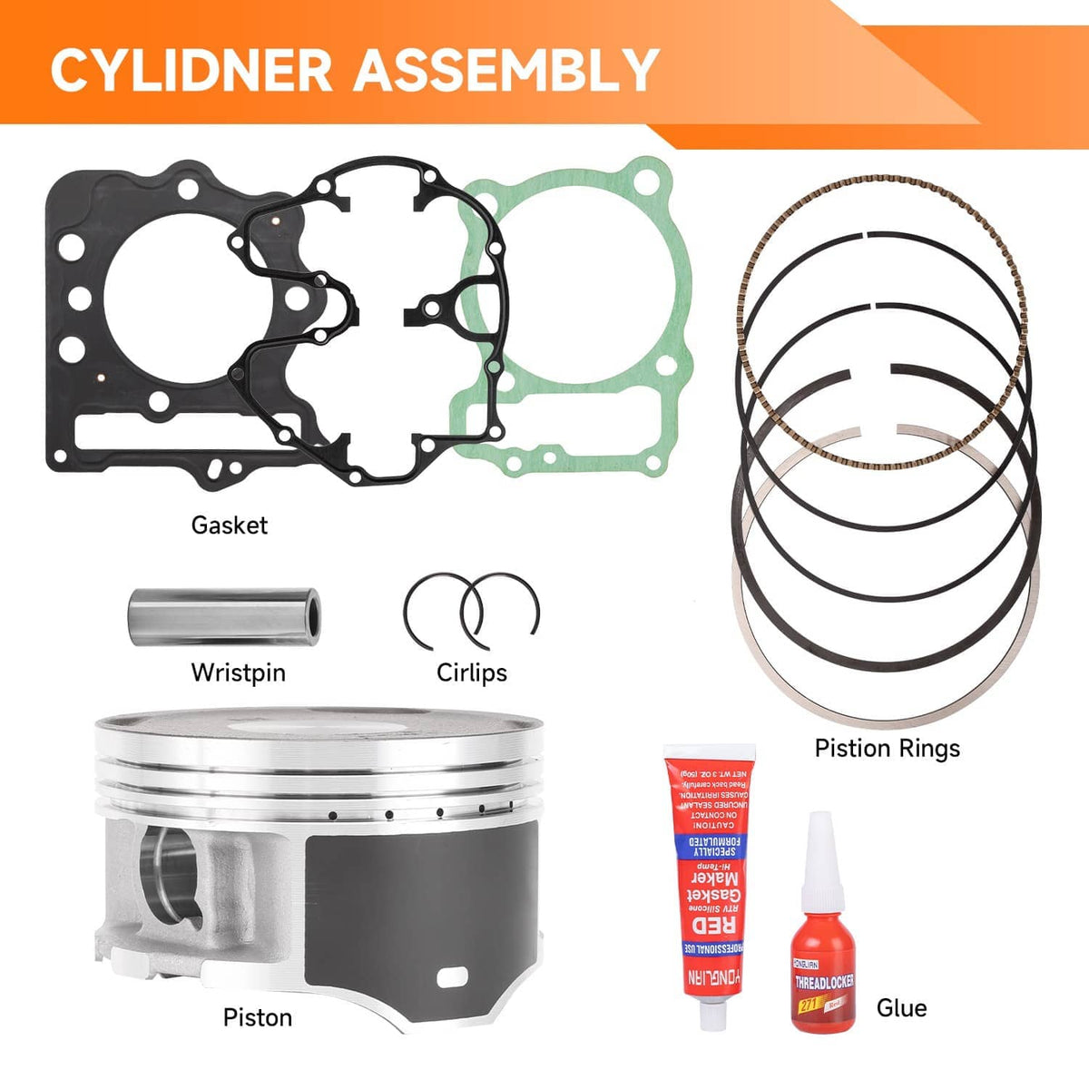 Cylinder piston assembly components: gaskets, wrist pin, circlips, and piston ring set