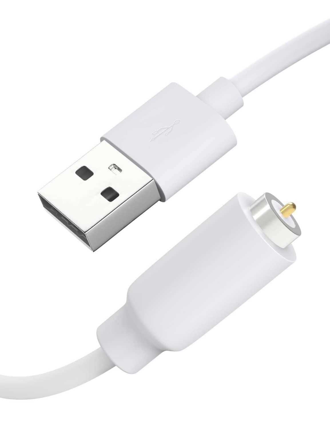 White USB-A to magnetic DC charging cable with metal-tipped connector