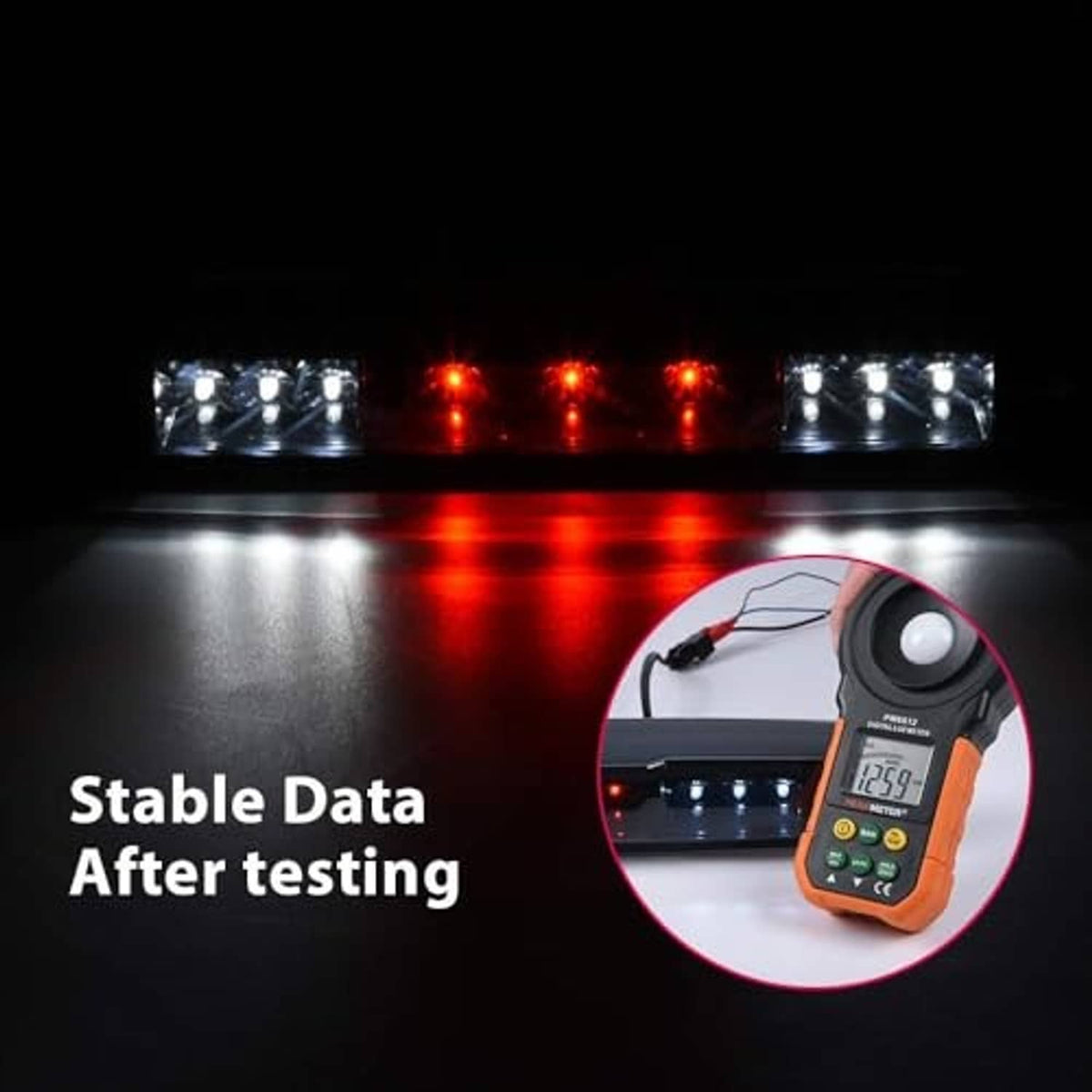 LED third brake light bar showing red brake illumination with clear outer LED sections