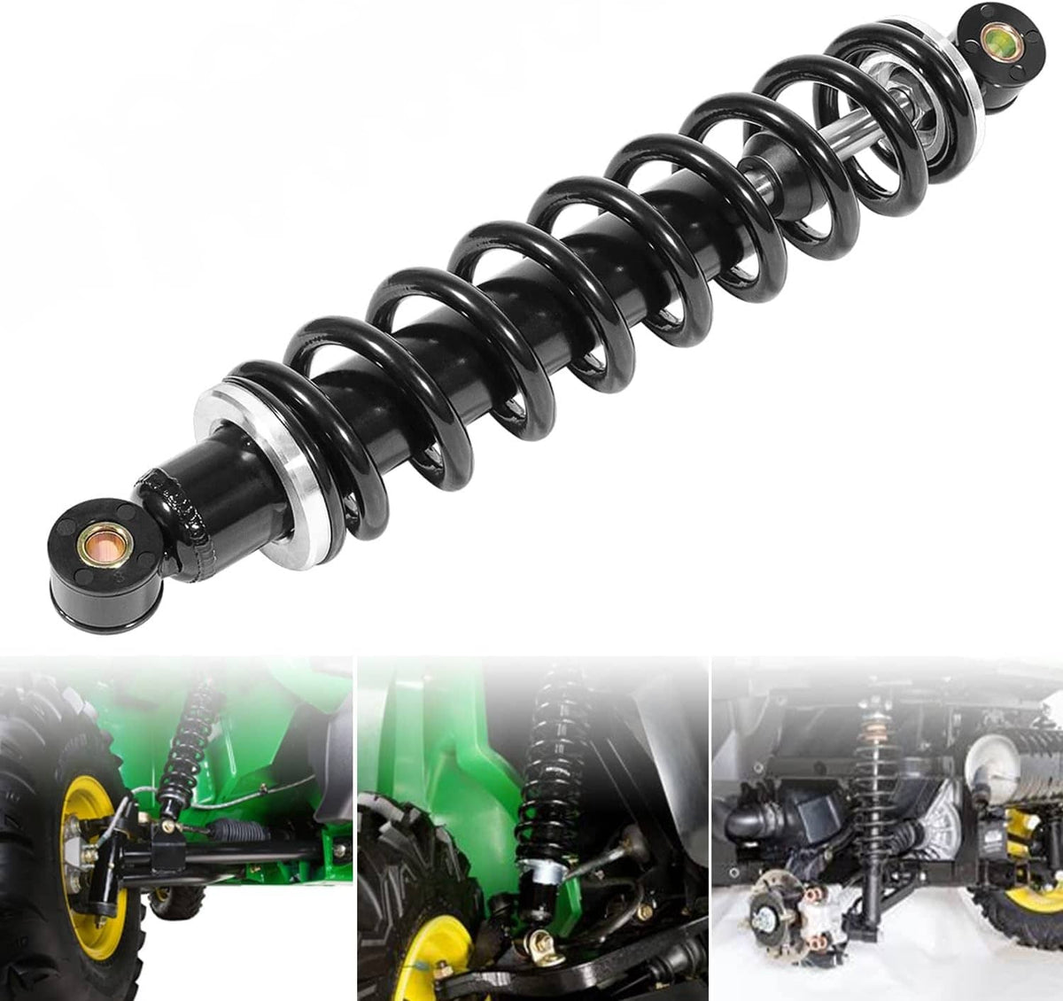 Front shock absorber strut with black coil spring and silver mounting bushing