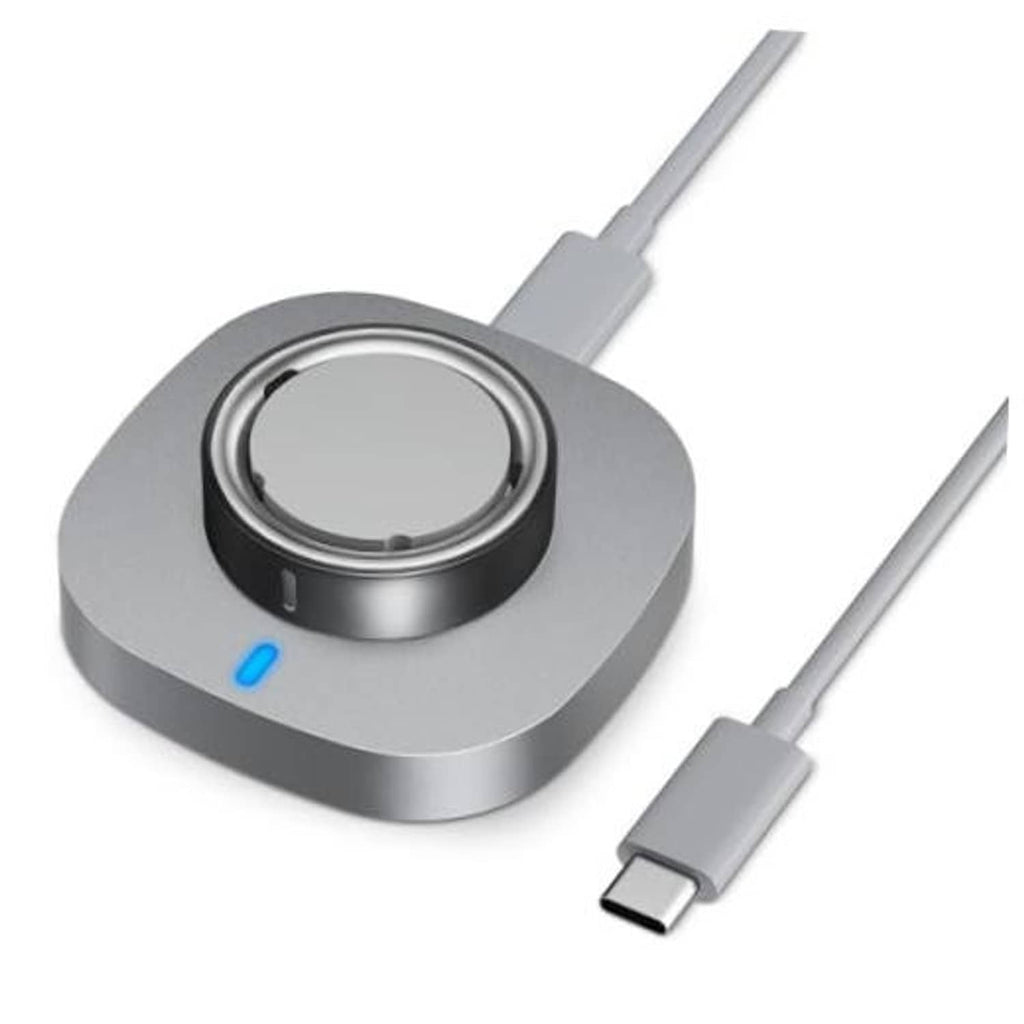 Metal charging dock base with circular cradle and attached USB-C cable