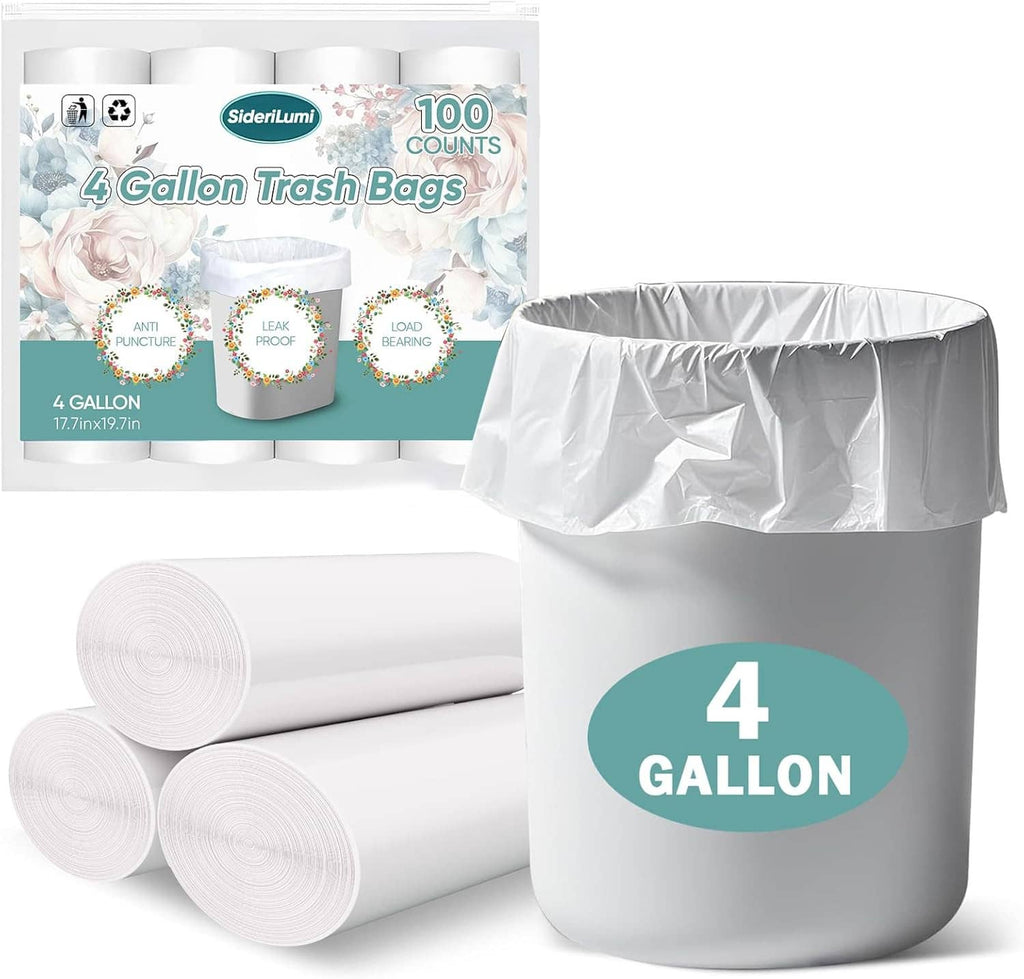4-gallon trash bag set with gray bag and bundled white roll liners in a package