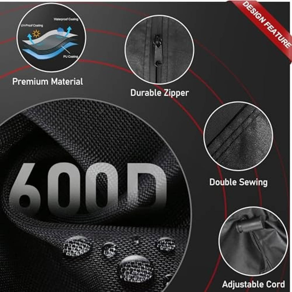 Black 600D tire cover with durable zipper, double stitching, and adjustable cord details
