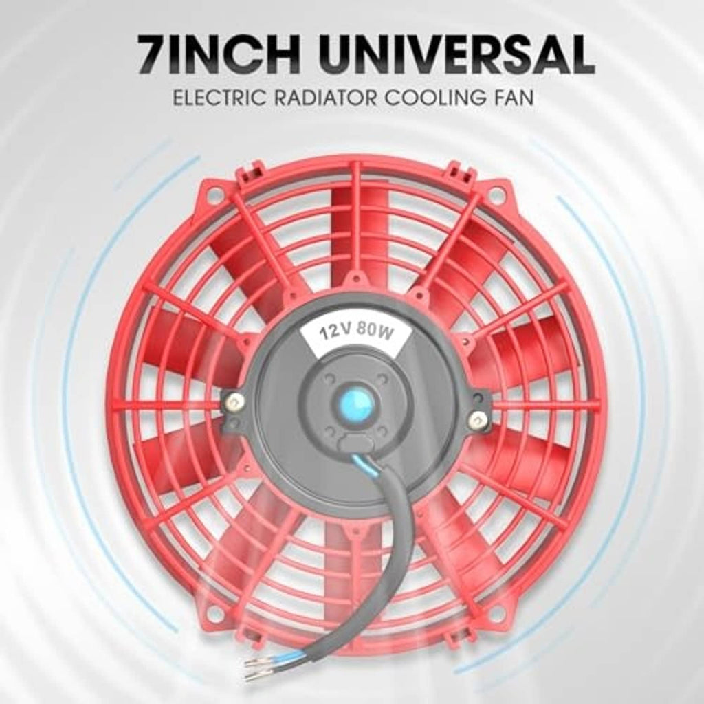 Red 7-inch universal electric radiator cooling fan with blue center and black cable