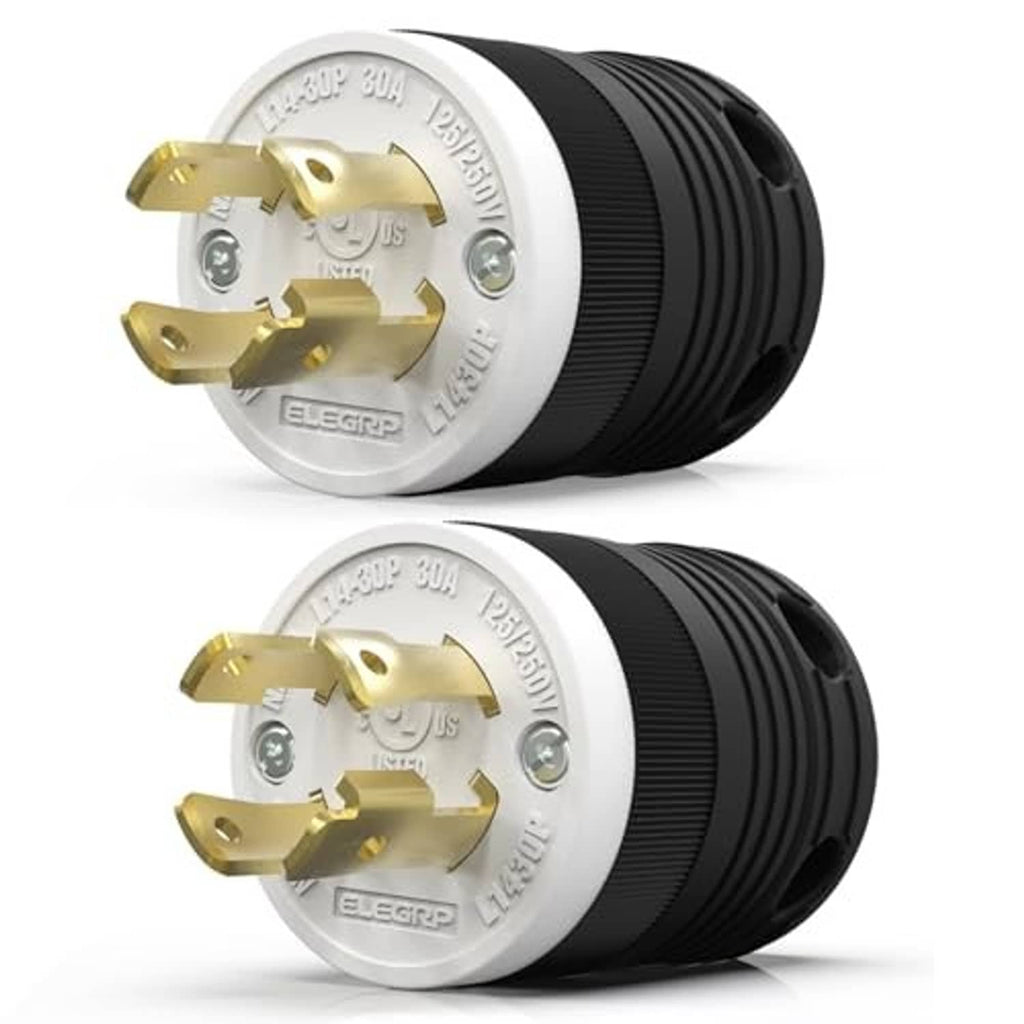 30A NEMA L14-30P twist-lock male plug, gold prongs and white face on black body