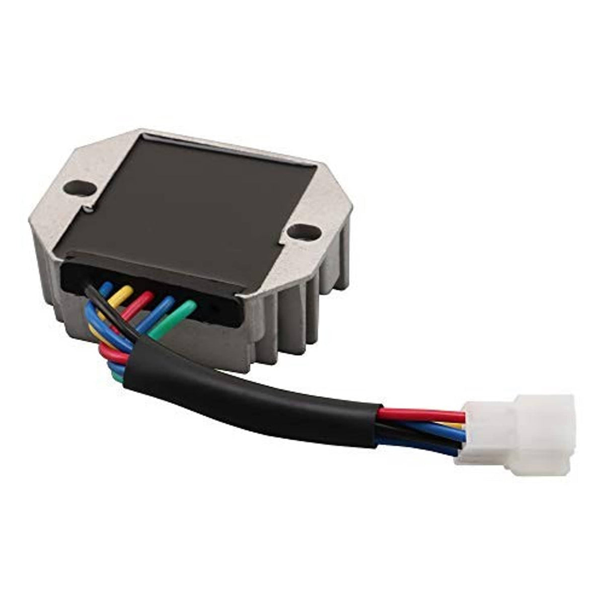 Voltage regulator rectifier with black wire leads and white connector, gray heat sink