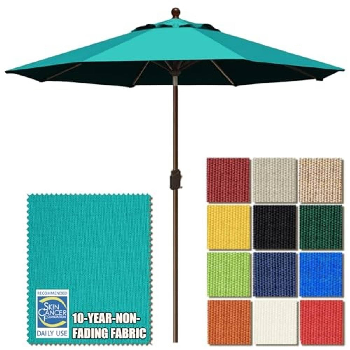 Teal 9-ft market patio umbrella with dark underside and fabric sample swatches