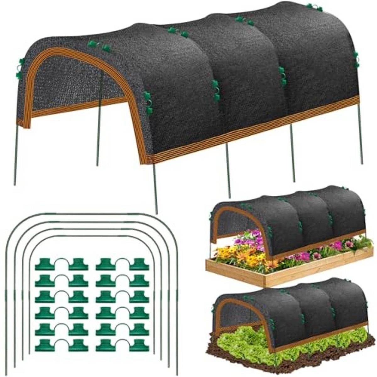 Dark gray shade cloth canopy with orange edging, green clips, and arched hoop set