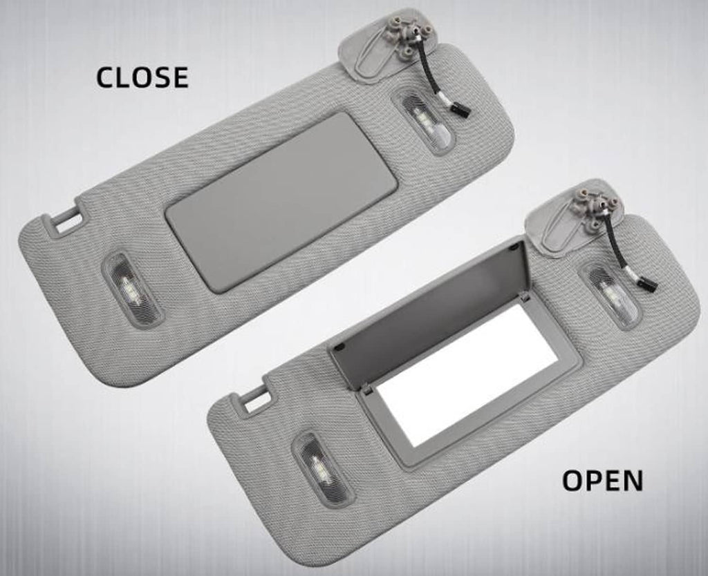 Right-side car sun visor shown open and closed, with gray trim and LED light lenses