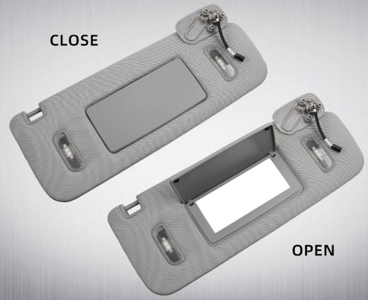 Right-side car sun visor shown open and closed, with gray trim and LED light lenses