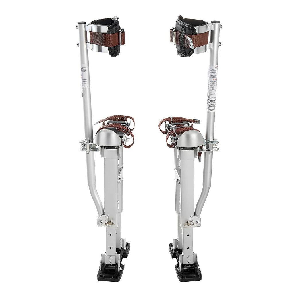 Adjustable aluminum drywall stilts with black foot pads and brown calf straps