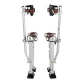 Adjustable aluminum drywall stilts with black foot pads and brown calf straps