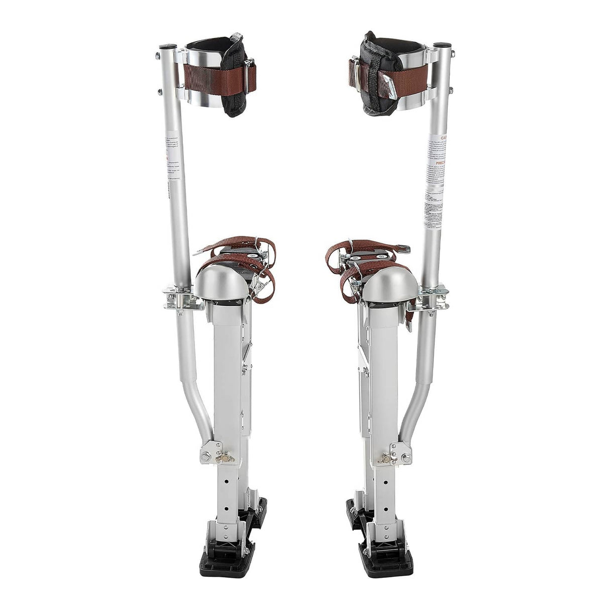 Adjustable aluminum drywall stilts with black foot pads and brown calf straps