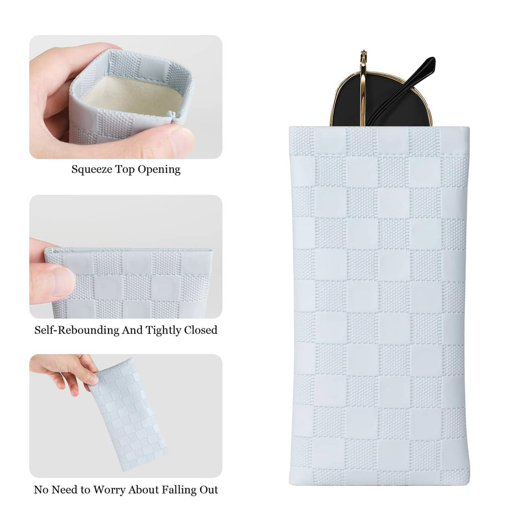 White checkered squeeze-top sunglasses case opening and tightly closed seam detail