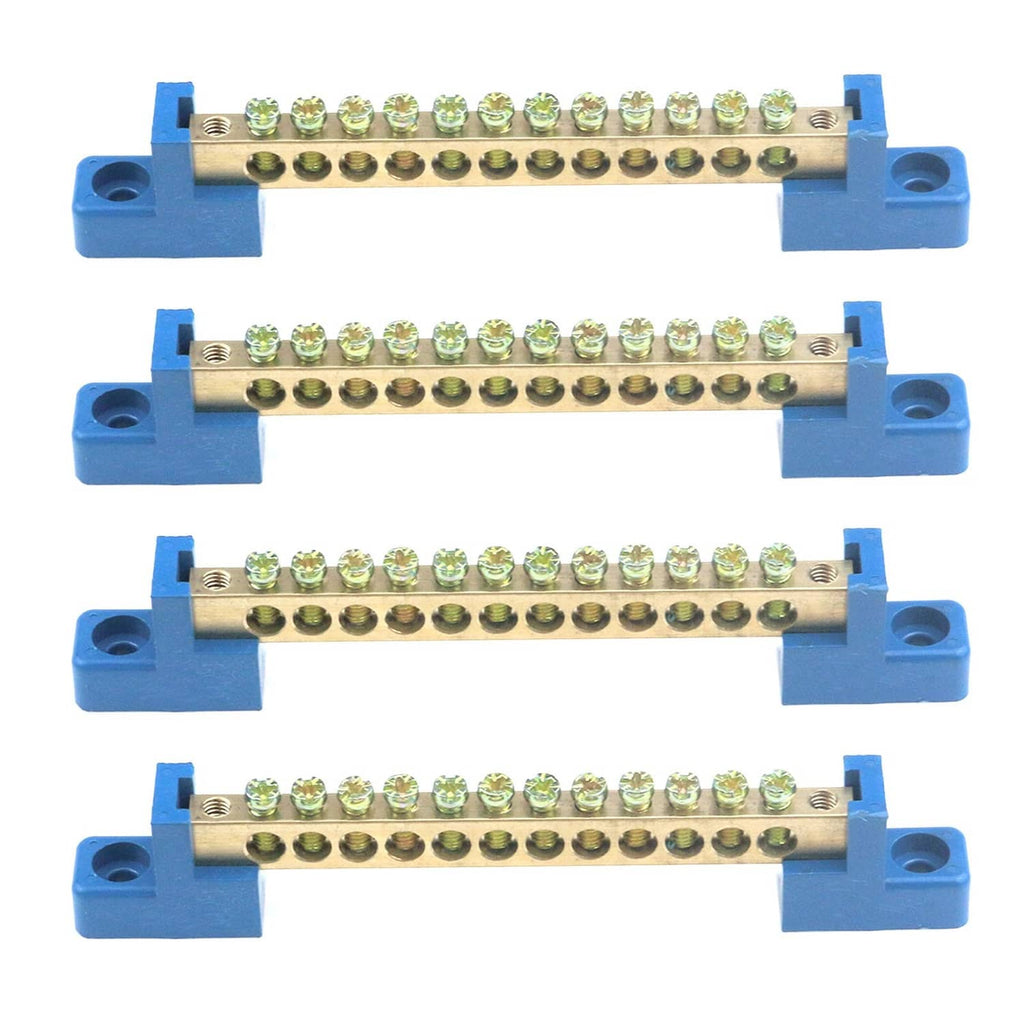 Brass wire screw terminal block, blue base with multiple screw terminals