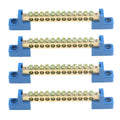 Brass wire screw terminal block, blue base with multiple screw terminals