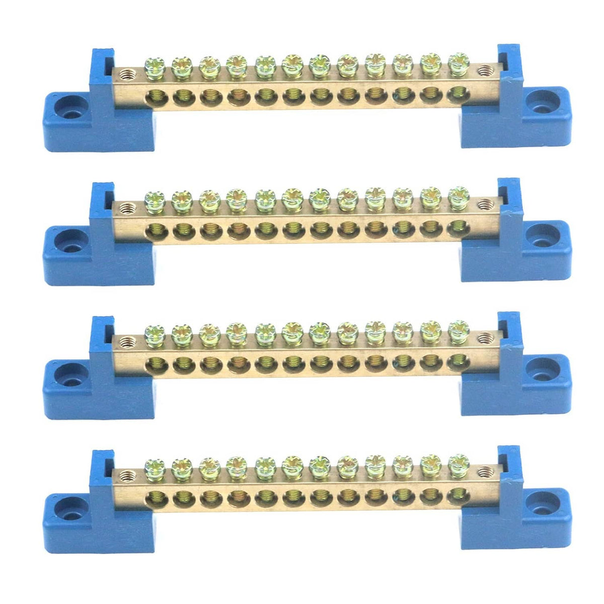 Brass wire screw terminal block, blue base with multiple screw terminals