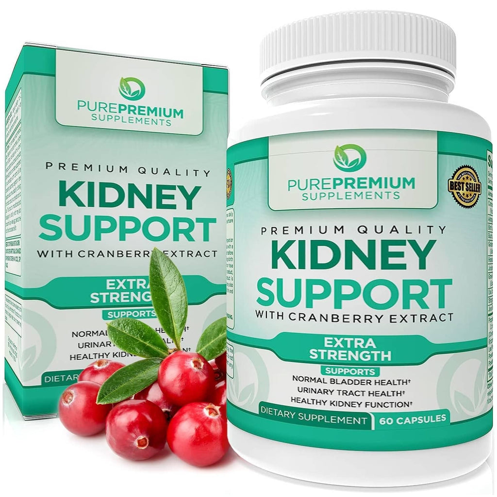 Kidney support dietary supplement bottle with cranberry extract, 60 capsules.