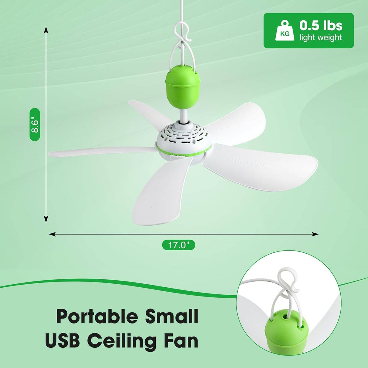 Portable USB ceiling fan with green motor, five white blades, and hanging ceiling hook