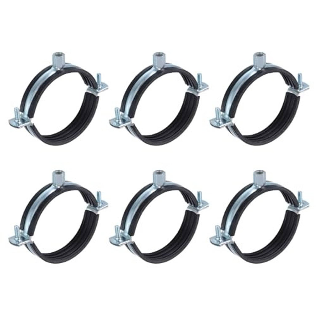 Six split-ring pipe hangers with black rubber inserts and zinc-plated metal brackets