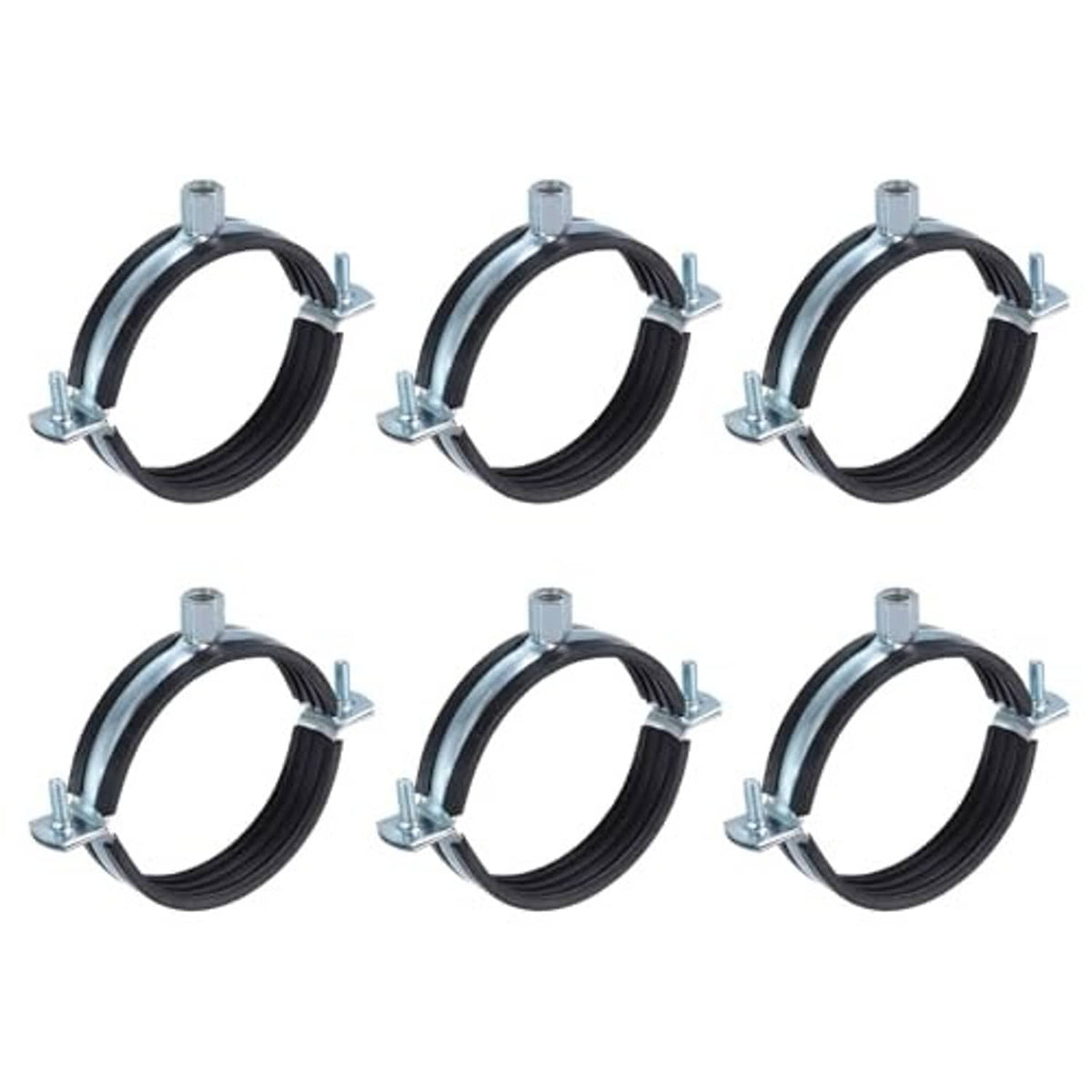Six split-ring pipe hangers with black rubber inserts and zinc-plated metal brackets